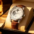 Men mechanical automatic wristwatch with white dial, moon phase and brown leather strap. - Brown Strap Silver Case White Face