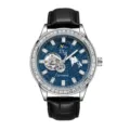 Luxe heren automatisch mechanisch horloge met sprankelende diamantbezel en blauwe wijzerplaat. - Zwarte Band Zilveren Kast Blauwe Wijzerplaat Witte Strass
