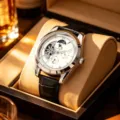 Men's mechanical watch with white dial, tourbillon design, moon phase and leather strap. - Black Strap Silver Case White Face