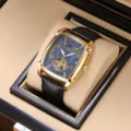 Luxus automatische mechanische Herrenuhr, Tonnen-Goldgehäuse, blaues Zifferblatt, Leder. - Schwarzes Armband Goldgehäuse Blaues Zifferblatt