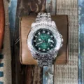 Men's engraved quartz watch with green dial, stainless steel strap, and calendar. - Stainless Steel Green Dial