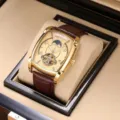 Herren automatik mechanische Uhr gold Tonneau Gehäuse braunes Lederarmband Luxus - Braunes Armband Goldenes Gehäuse Goldenes Zifferblatt