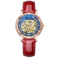 Elegante Damen Automatikuhr mit rotem Lederarmband, Roségoldgehäuse und blauem Strass-Zifferblatt. - Saphirblau
