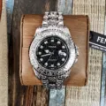 Men quartz watch silver steel strap engraved bezel calendar waterproof fashion timepiece - Stainless Steel Black Dial