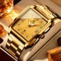 Men's gold square quartz watch with metal strap, luxury business wristwatch, waterproof. - Gold Steel Gold Dial
