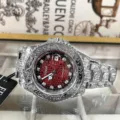 Men quartz watch silver stainless steel floral engraved red dial luxury business wristwatch - Red Dial Stainless Steel