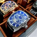 Men's fashion tonneau quartz watch with blue dial, silver case and black leather strap. - Black Strap Silver Case Black Face