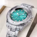 Men luxury quartz watch stainless steel strap waterproof calendar rotating bezel fashion - Teal Blue