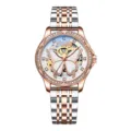 Élégante montre mécanique pour femme avec papillon ajouré, lunette strass et bracelet bicolore - Or Rose Élégant Bracelet en Acier