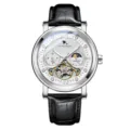 Luxury automatic mechanical watch for men with skeleton tourbillon dial and black leather strap. - Black Strap Silver Case White