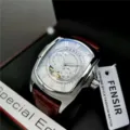 Fashion men's tonneau quartz watch with white dial, Roman numerals, and brown leather strap. - Brown Strap Silver Case White Face