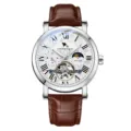 Men automatic mechanical watch with brown leather strap and roman numeral dial white face. - Brown Strap Silver Case White