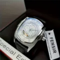 Fensir Men Quartz Watch Silver Tonneau Dial Leather Strap Fashion Casual Timepiece. - Black Strap Silver Case White
