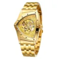 Gold triangular skeleton automatic mechanical watch for men with stainless steel bracelet. - Gold Steel Gold Dial
