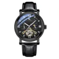 Men automatic mechanical watch skeleton tourbillon black leather strap luxury dress watch - Black Strap Black Case Black Dial