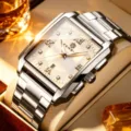 FENSI new square quartz watch for men, simple business waterproof wristwatch, stylish metallic strap. - Stainless Steel White Dial
