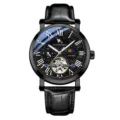 Men automatic mechanical watch skeleton tourbillon moon phase business dress leather strap - Black Strap Black Case Black Dial