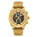 Men gold automatic mechanical watch with brown leather strap, luxury racing sports design. - Gold Case Gold Dial