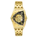 Gold tone automatic mechanical watch skeleton triangle dial stainless steel mens luxury timepiece - Gold and Steel Black Dial