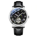 Elegant men's automatic mechanical watch featuring a black dial and leather strap. - Black Strap Silver Case Black Dial