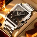 Luxury men square quartz watch with silver stainless steel strap and black dial for daily wear. - Stainless Steel Black Dial