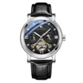 Men's automatic mechanical watch, black dial, leather strap, hollow tourbillon design. - Black Strap Silver Case Black Dial