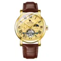 Men's automatic mechanical watch with gold case, brown leather strap, and skeleton dial. - Brown Strap Gold Case Gold Dial