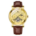 Luxury gold automatic mechanical watch for men with brown leather strap and skeleton dial. - Brown Strap Gold Case Gold Dial