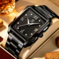 Black square quartz mens watch featuring a stainless steel strap and diamond markers. - Black Steel Black Face