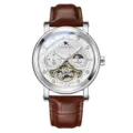 Herren Automatikuhr mit braunem Lederarmband, skelettiertem Zifferblatt und Strasssteinen. - Braunes Armband Silbernes Gehäuse Weiß