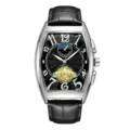 Luxe heren automatisch mechanisch horloge met tonneau kast en een zwarte lederen band. - Zwarte Band Zilveren Kast Zwarte Wijzerplaat