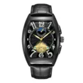 Heren tonneau automatisch mechanisch horloge met zwarte lederen band en wijzerplaat. - Zwarte Band Zwarte Kast Zwarte Wijzerplaat