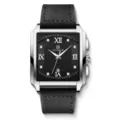 Men square quartz watch with black leather strap stainless steel case and roman numerals - Black Leather Silver Case Black Face