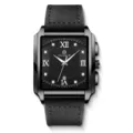 Men's square quartz watch with black leather strap and Roman numerals dial for daily wear. - Black Leather Black Case Black Face