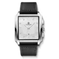 Men square quartz watch with black leather strap, white dial, Roman numerals, and date display. - Black Leather Silver Case White Face