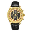 Men's gold automatic mechanical watch with black leather strap and multi-functional dial design. - Gold Case Gold Dial