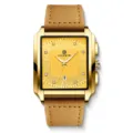 Men's square gold quartz watch featuring a brown leather strap and stylish dial design. - Brown Leather Gold Case Gold Dial