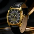 FENSIR Tonneau Quartz Watch for Men Luxury Gold Case Black Dial Leather Strap Casual Wristwatch - Black Strap Gold Case Black Face