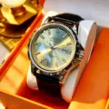 Men's luminous waterproof stainless steel mechanical style business watch with rhinestone dial. - Black Leather Gray Rhinestone