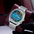 Men quartz watch with large blue dial, double calendar display, stainless steel metal strap. - General Style Note