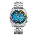 Men quartz watch with large dial, stainless steel strap and dual calendar display feature. - Stainless Steel Blue Dial