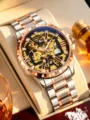 Men's luxury mechanical watch with skeleton dial and rose gold steel strap for modern style. - White Steel Rose Gold Case