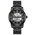 Black mechanical watch for men automatic skeleton steel strap luxury business wristwatch - Black Steel Black Face Silver Movement