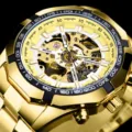 Gold mechanical watch for men, skeleton dial automatic sports wristwatch with tachymeter bezel. - Gold Steel Gold Case Gold Face