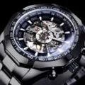 Black skeleton automatic mechanical watch for men luxury sport waterproof wristwatch - Black Steel Case with Black Dial