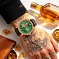Luxury men's automatic mechanical watch with green dial, carved rose gold bezel and moon phase display. - Black Strap Green Dial