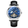 Luxury Men's Automatic Mechanical Watch Tourbillon Starry Dial Black Leather Strap - Black Strap Silver Case Blue Dial