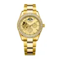 Luxury gold automatic mechanical watch for men with rhinestone bezel and skeleton dial. - Luxury Gold Steel Gold