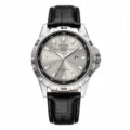 Men's stylish silver dial leather strap business watch with date display and bezel - Black Leather Gray Scale