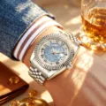 Men's mechanical watch featuring a stainless steel fluted bezel, jubilee bracelet and dial. - Silver Case Blue Dial